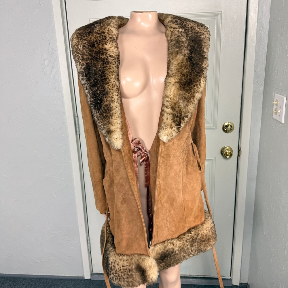 Vintage 70s Scully Penny Lane Jacket 14 Fur Suede Leather Tie Coat Y2K K3-16 - Picture 9 of 10